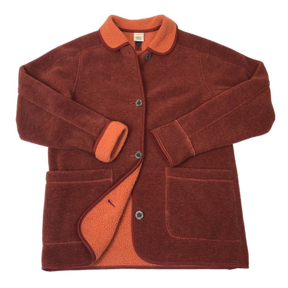 LL Bean Womens Red Cardigan Style Sherpa Fleece Button Front Jacket Small 0HH91 - Picture 1 of 7